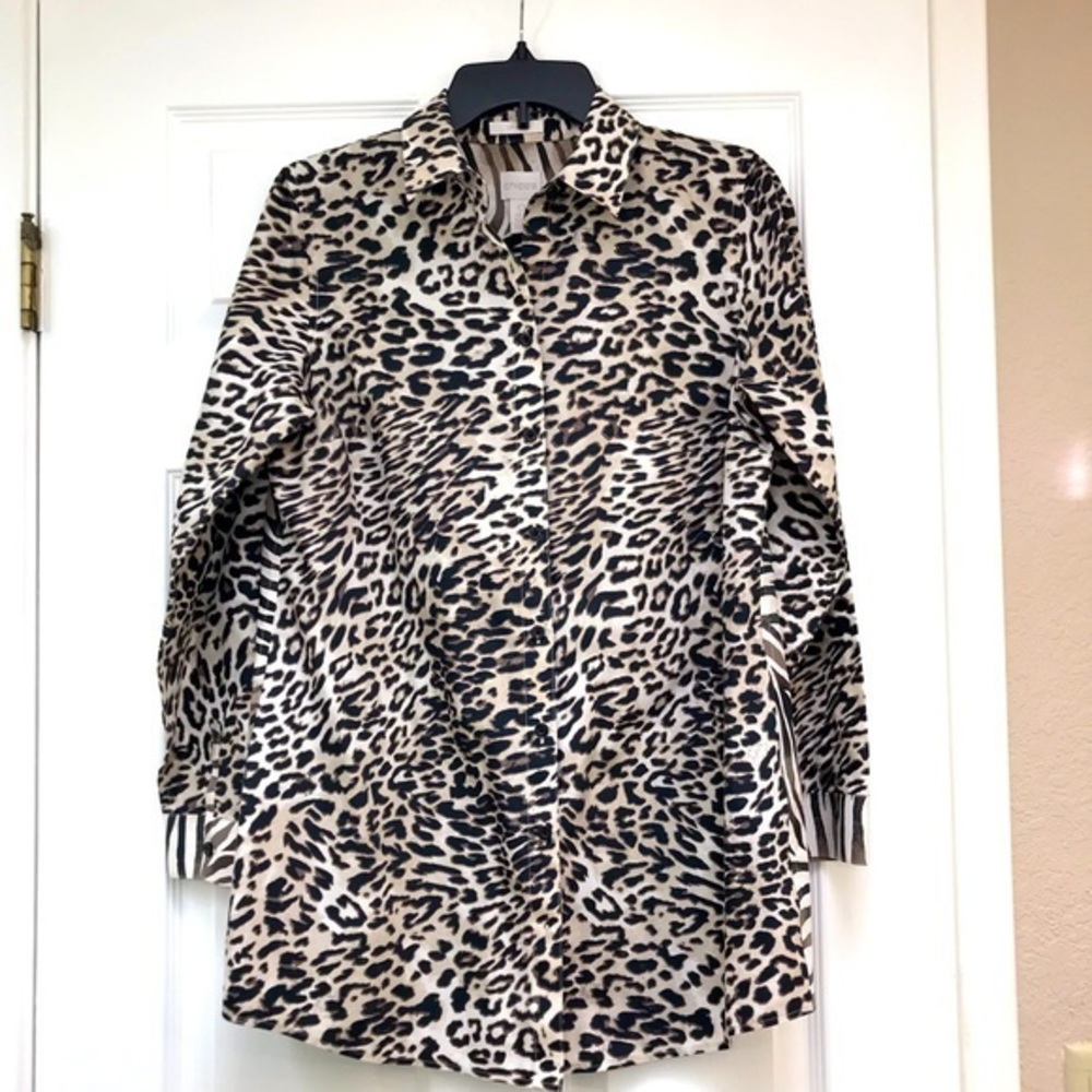 Chico's No-Iron Button Front Long Sleeved Animal Print Blouse-Size 4